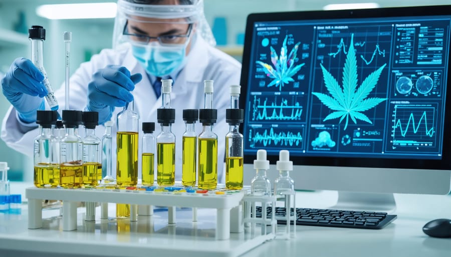 Laboratory technician conducting comprehensive testing on CBD oil samples using chromatography equipment, highlighting cannabinoid and terpene analysis.