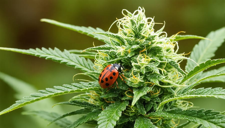 Ladybugs feeding on aphids on cannabis leaves, demonstrating biological pest control