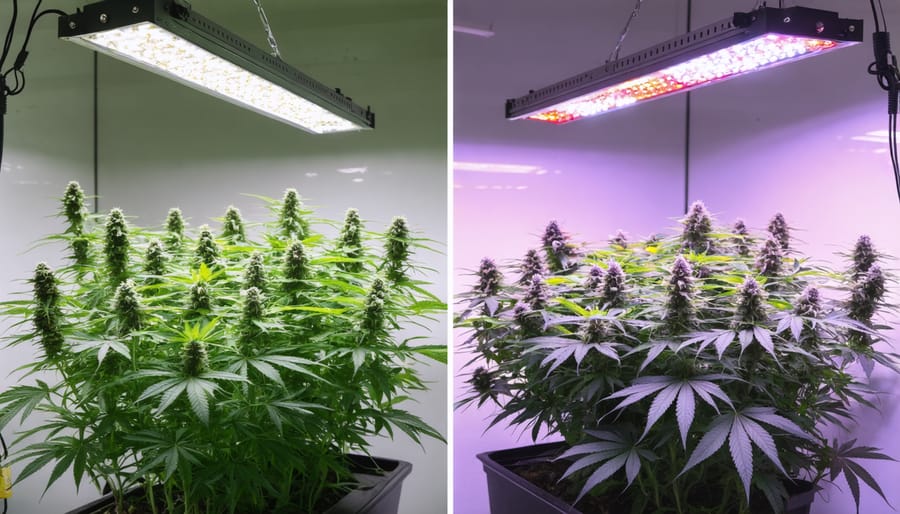 Split image showing cannabis plants under purple LED lights and yellow HPS lights