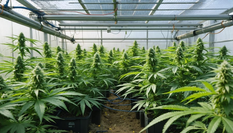 A vibrant and sustainable cannabis cultivation setup featuring cannabis plants under LED lights with a drip irrigation system, solar panels installed on the greenhouse roof, and compost bins in the background, highlighting eco-friendly growing methods.